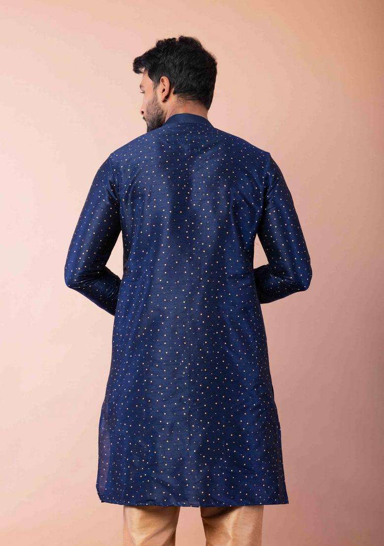 Navy Blue Embroidery Silk Kurta For Men - Indya