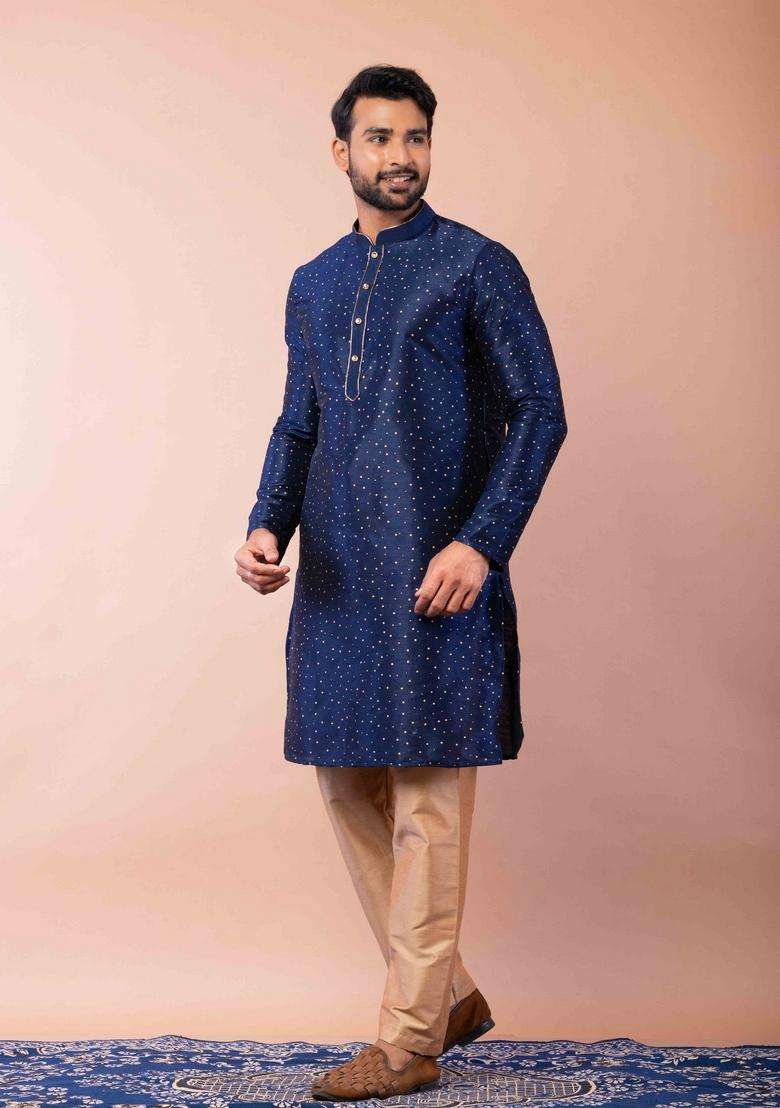 Navy Blue Embroidery Silk Kurta For Men - Indya