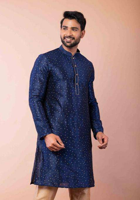Navy Blue Embroidery Silk Kurta For Men