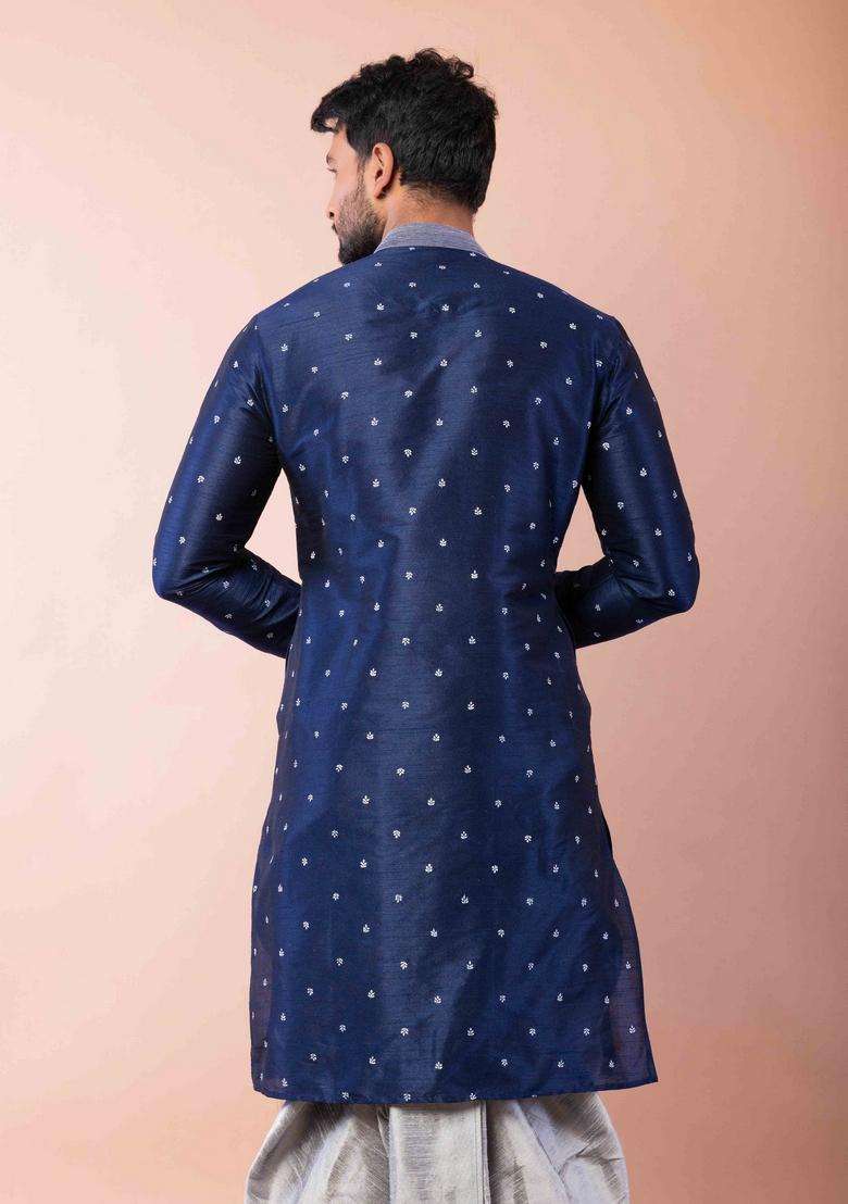 Navy Blue Embroidery Silk Blend Dhoti Set For Men - Indya