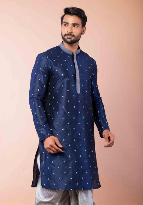 Navy Blue Embroidery Silk Dhoti Set For Men