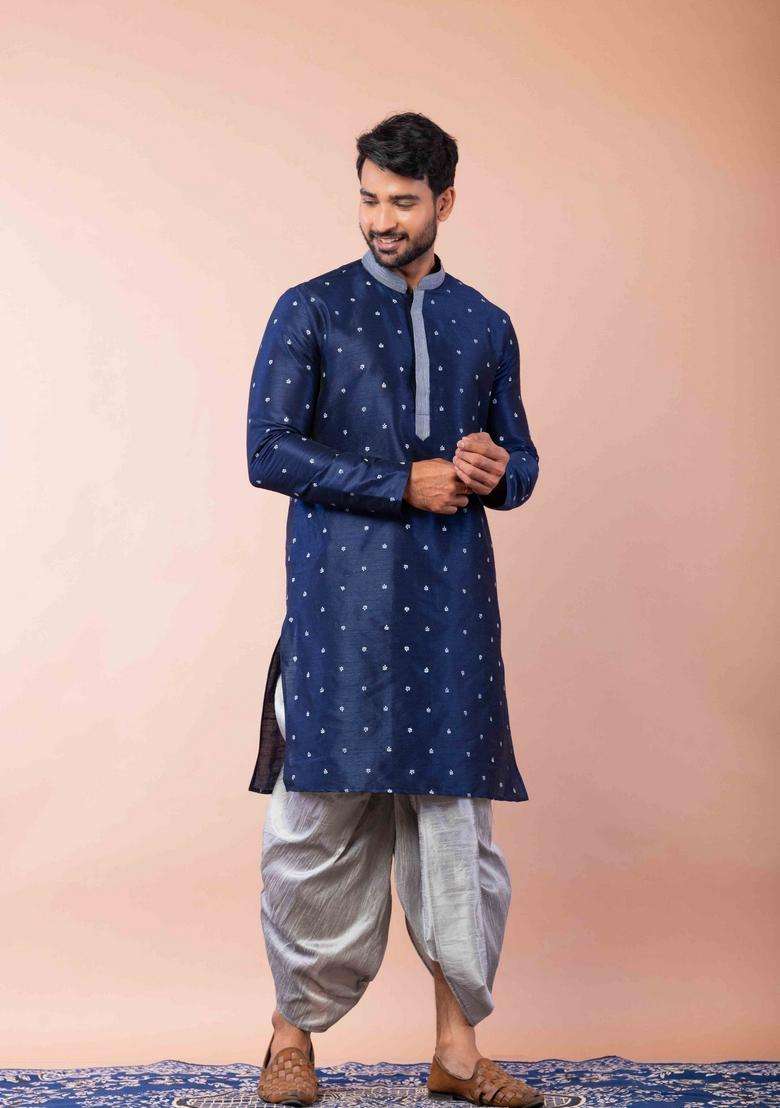 Navy Blue Embroidery Silk Kurta For Men - Indya