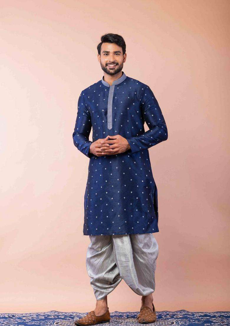 Navy Blue Embroidery Silk Kurta For Men - Indya
