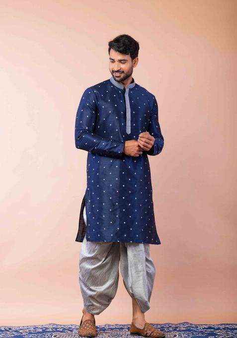 Navy Blue Embroidery Silk Kurta For Men