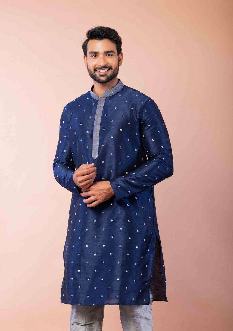 Navy Blue Embroidery Silk Kurta For Men - Indya