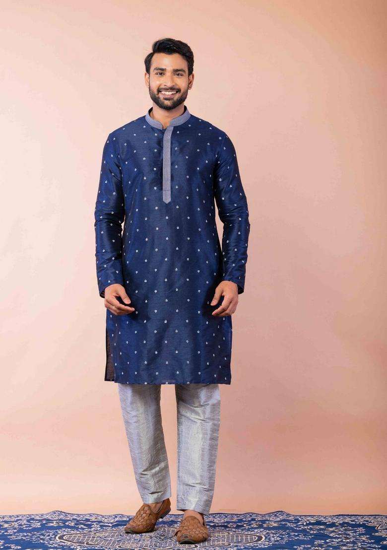 Navy Blue Embroidery Silk Kurta For Men - Indya