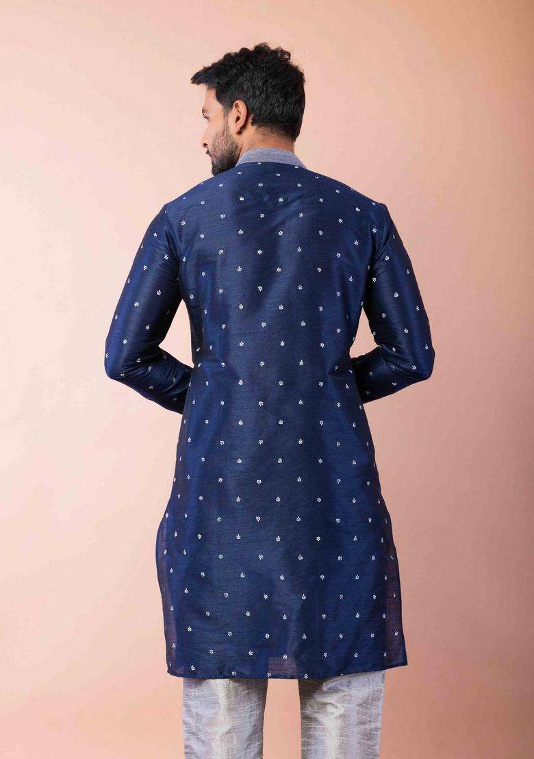 Navy Blue Embroidery Silk Kurta For Men - Indya