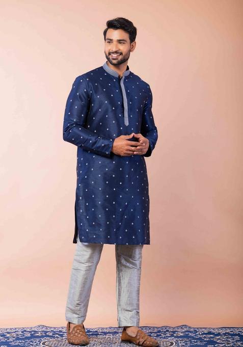 Navy Blue Embroidery Silk Kurta Set For Men