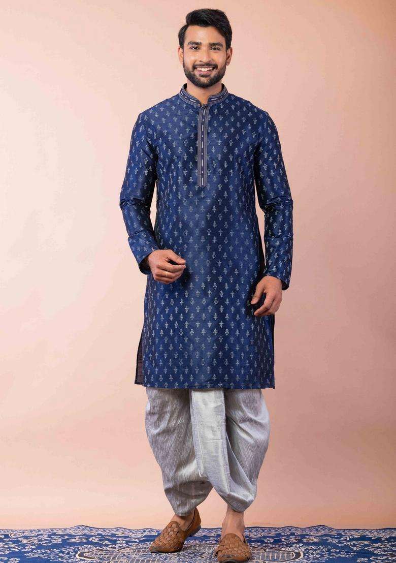 Navy Blue Embroidery Silk Dhoti Set For Men - Indya