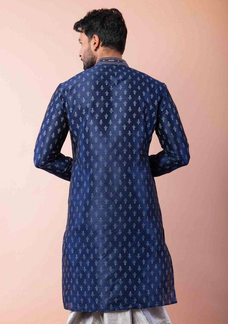 Navy Blue Embroidery Silk Dhoti Set For Men - Indya