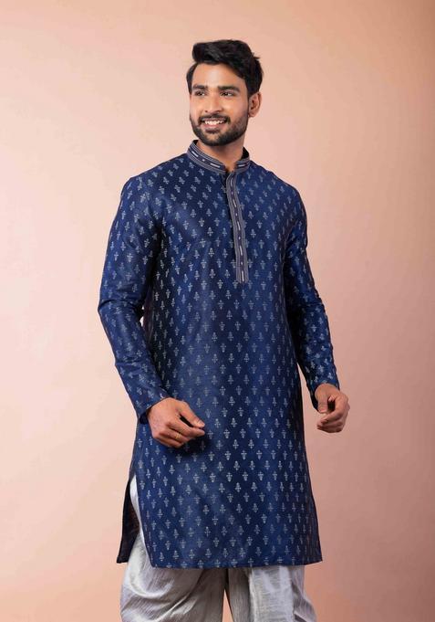 Navy Blue Embroidery Silk Dhoti Set For Men