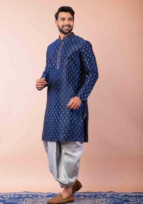 Navy Blue Embroidery Silk Kurta Set For Men