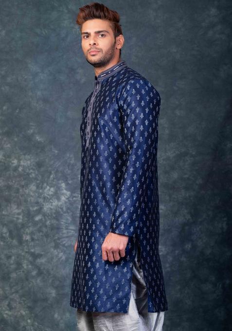Navy Blue Embroidery Silk Dhoti Set For Men