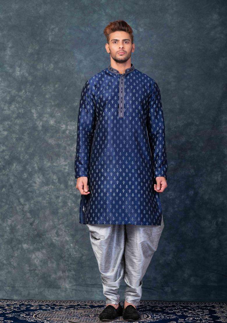 Navy Blue Embroidery Silk Kurta For Men - Indya