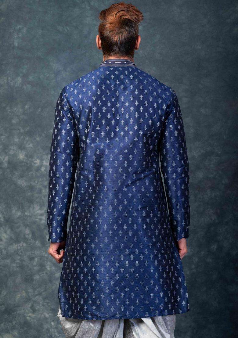 Navy Blue Embroidery Silk Kurta For Men - Indya
