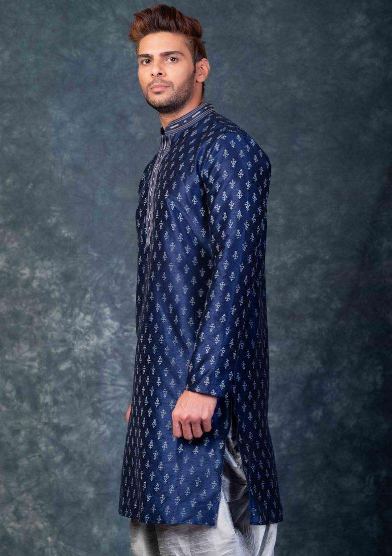 Navy Blue Embroidery Silk Kurta For Men - Indya
