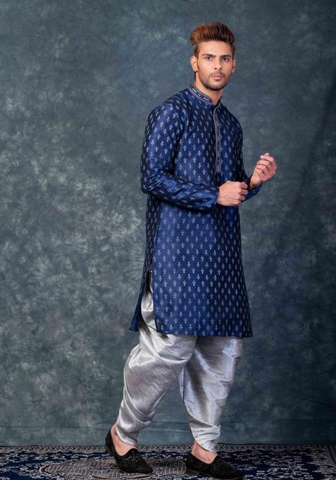 Navy Blue Embroidery Silk Kurta Set For Men