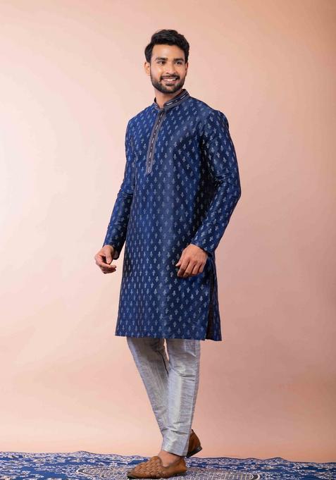 Navy Blue Embroidery Silk Kurta Set For Men