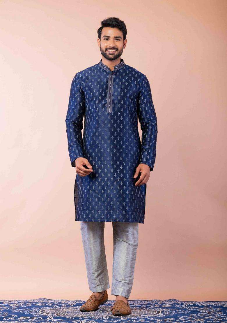 Navy Blue Embroidery Silk Kurta For Men - Indya