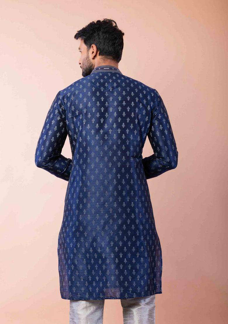 Navy Blue Embroidery Silk Kurta Set For Men - Indya