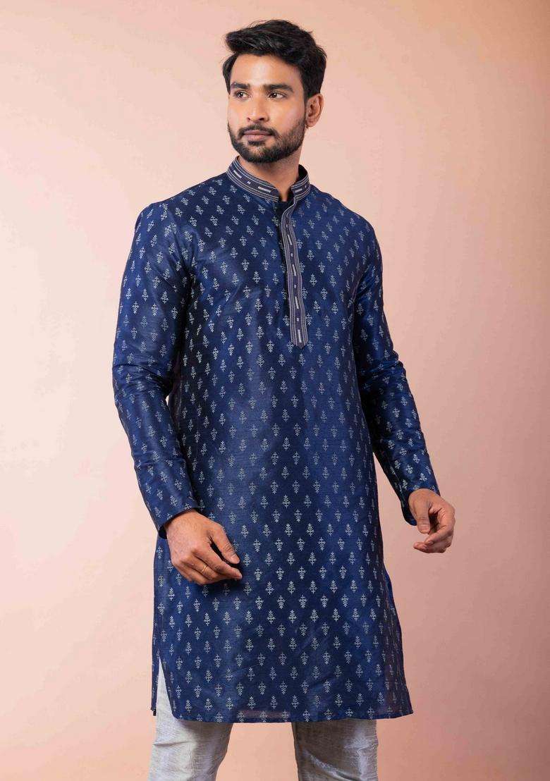 Navy Blue Embroidery Silk Kurta Set For Men - Indya