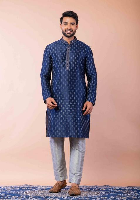 Navy Blue Embroidery Silk Kurta Set For Men