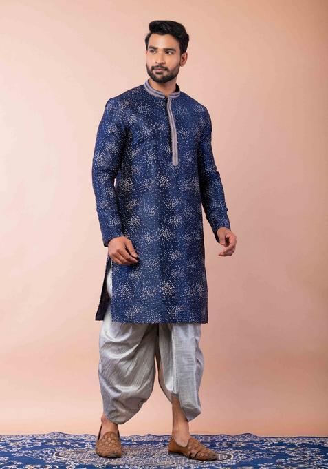Navy Blue Embroidery Silk Kurta Set For Men