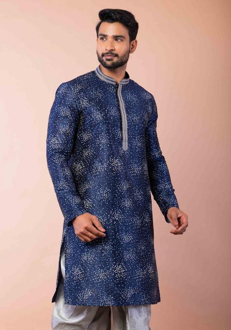 Navy Blue Embroidery Silk Dhoti Set For Men