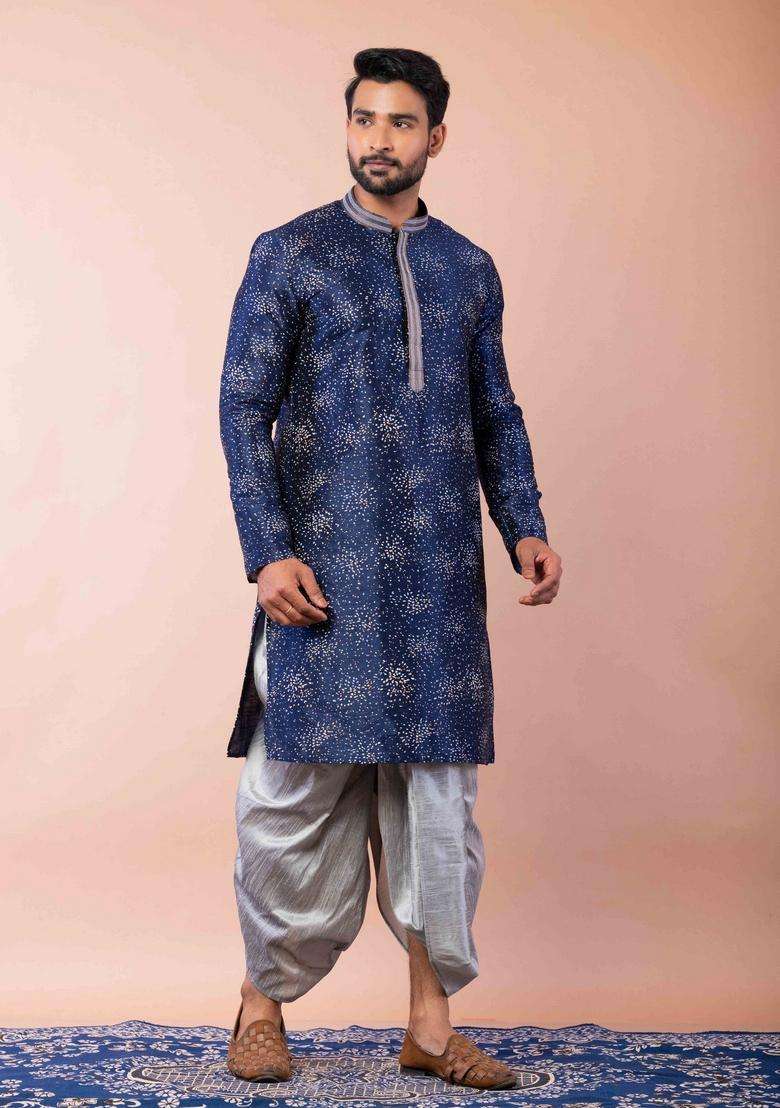Navy Blue Embroidery Silk Kurta For Men - Indya
