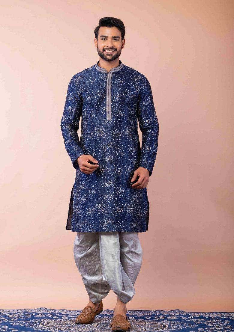 Navy Blue Embroidery Silk Kurta For Men - Indya