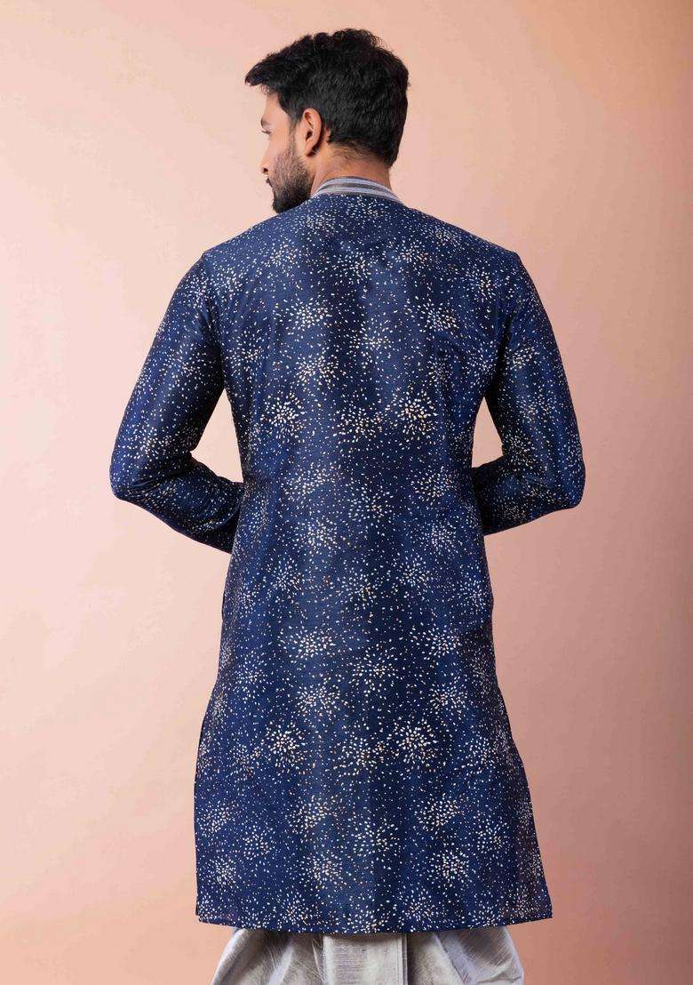 Navy Blue Embroidery Silk Kurta For Men - Indya