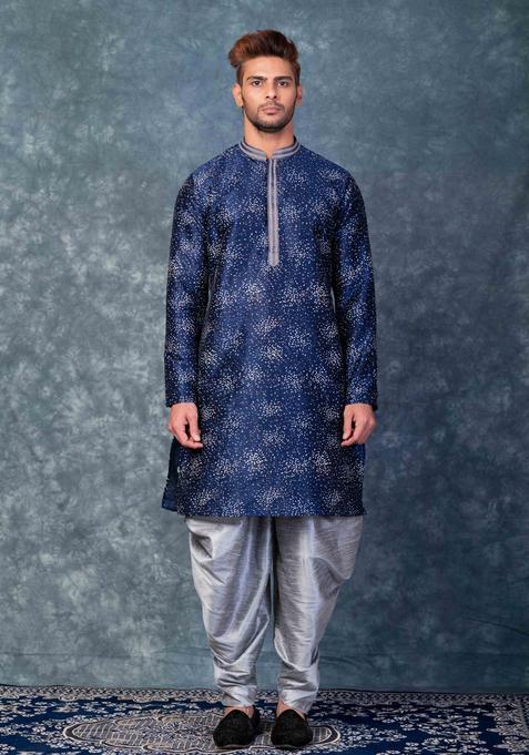 Navy Blue Embroidery Silk Kurta Set For Men