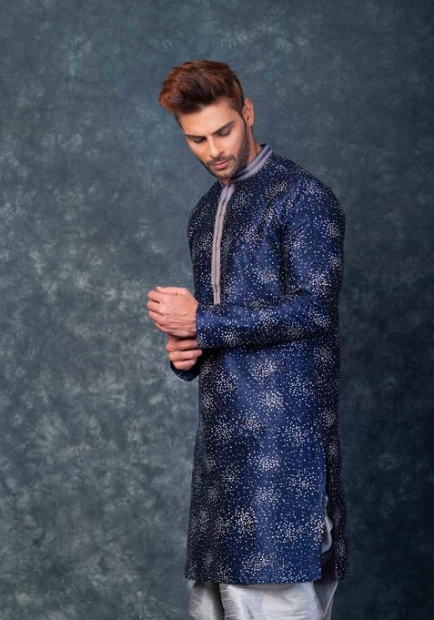 Navy Blue Embroidery Silk Dhoti Set For Men