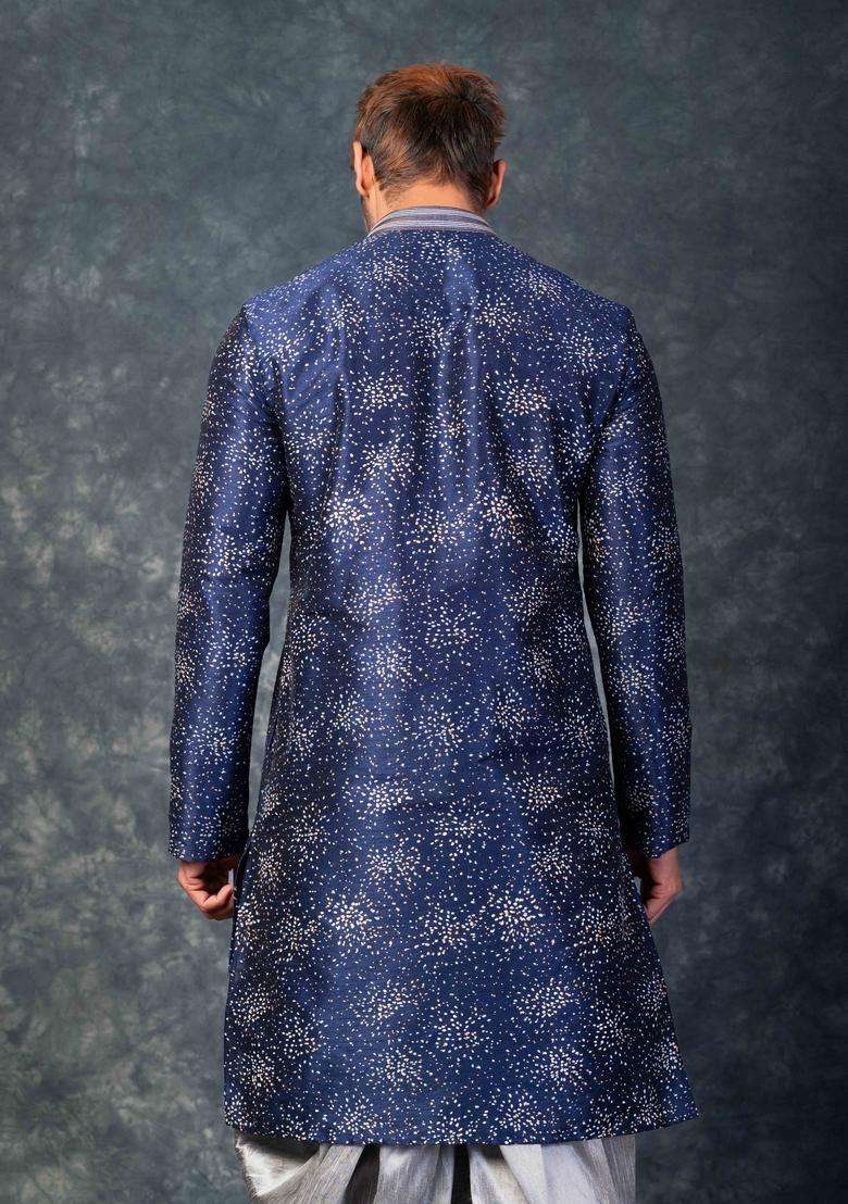 Navy Blue Embroidery Silk Kurta For Men - Indya