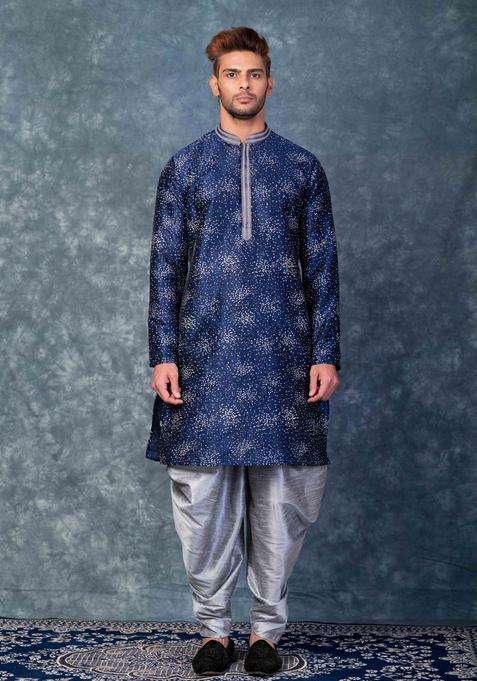 Navy Blue Embroidery Silk Kurta For Men