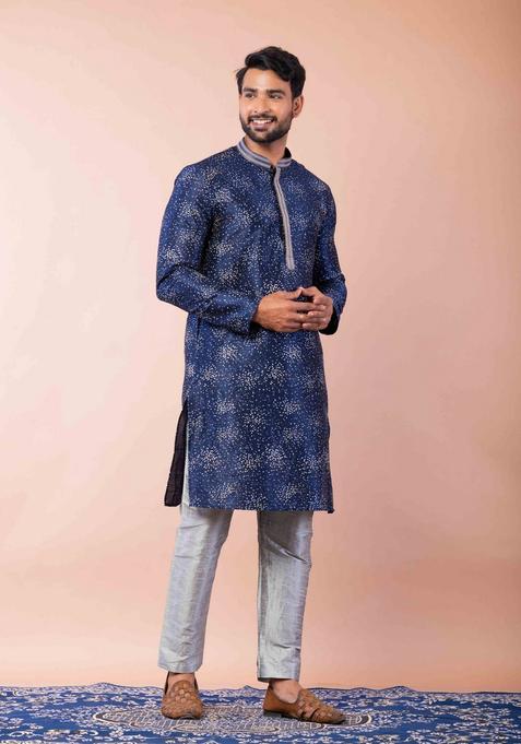 Navy Blue Embroidery Silk Kurta Set For Men