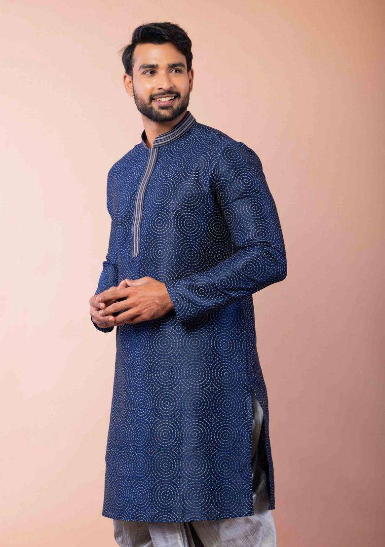 Navy Blue Embroidery Silk Dhoti Set For Men - Indya