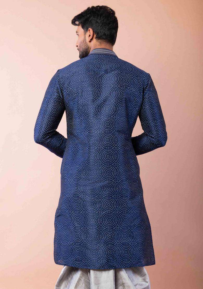 Navy Blue Embroidery Silk Dhoti Set For Men - Indya