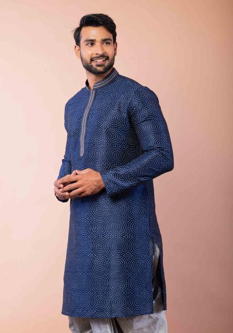 Navy Blue Embroidery Silk Dhoti Set For Men