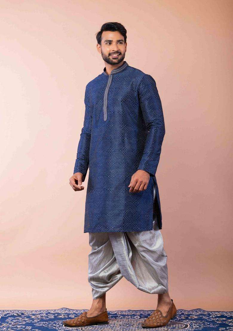 Navy Blue Embroidery Silk Kurta For Men - Indya