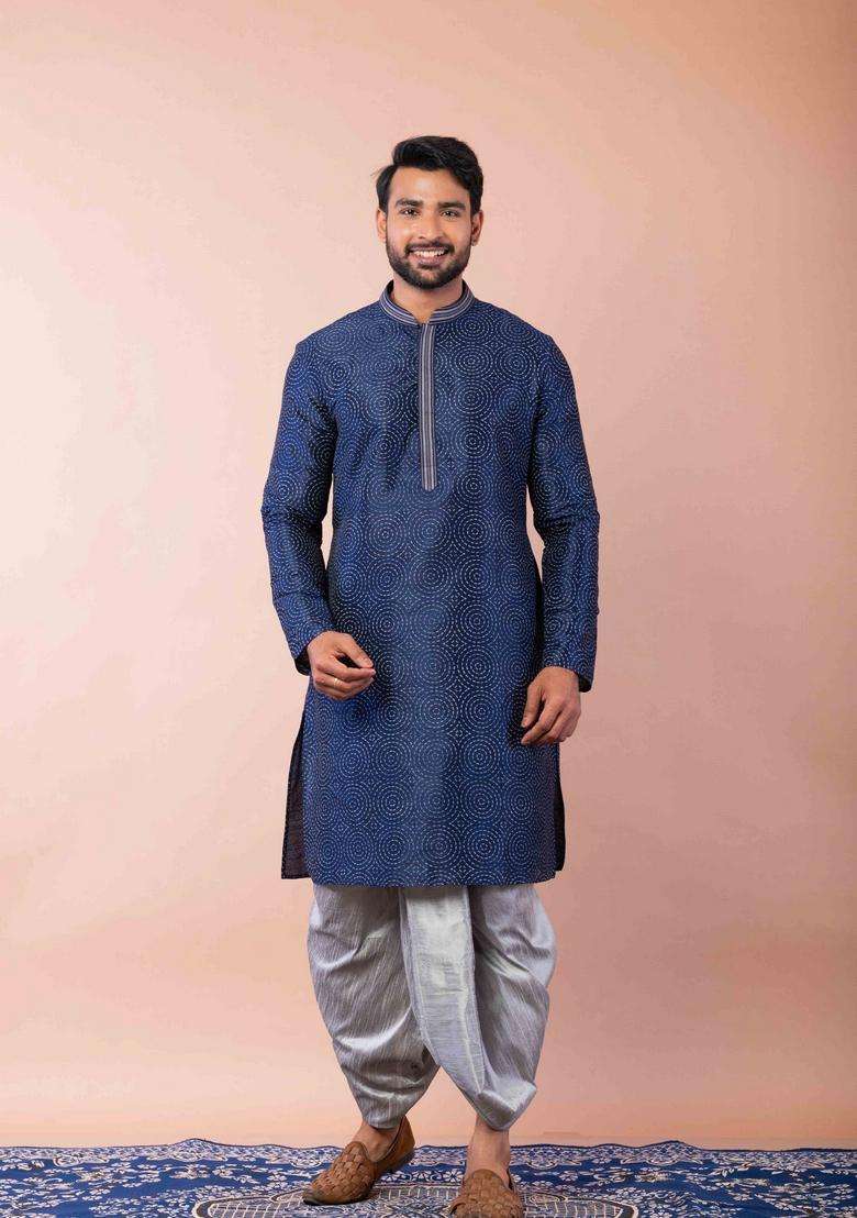 Navy Blue Embroidery Silk Kurta For Men - Indya