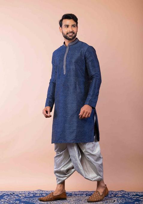 Navy Blue Embroidery Silk Kurta Set For Men