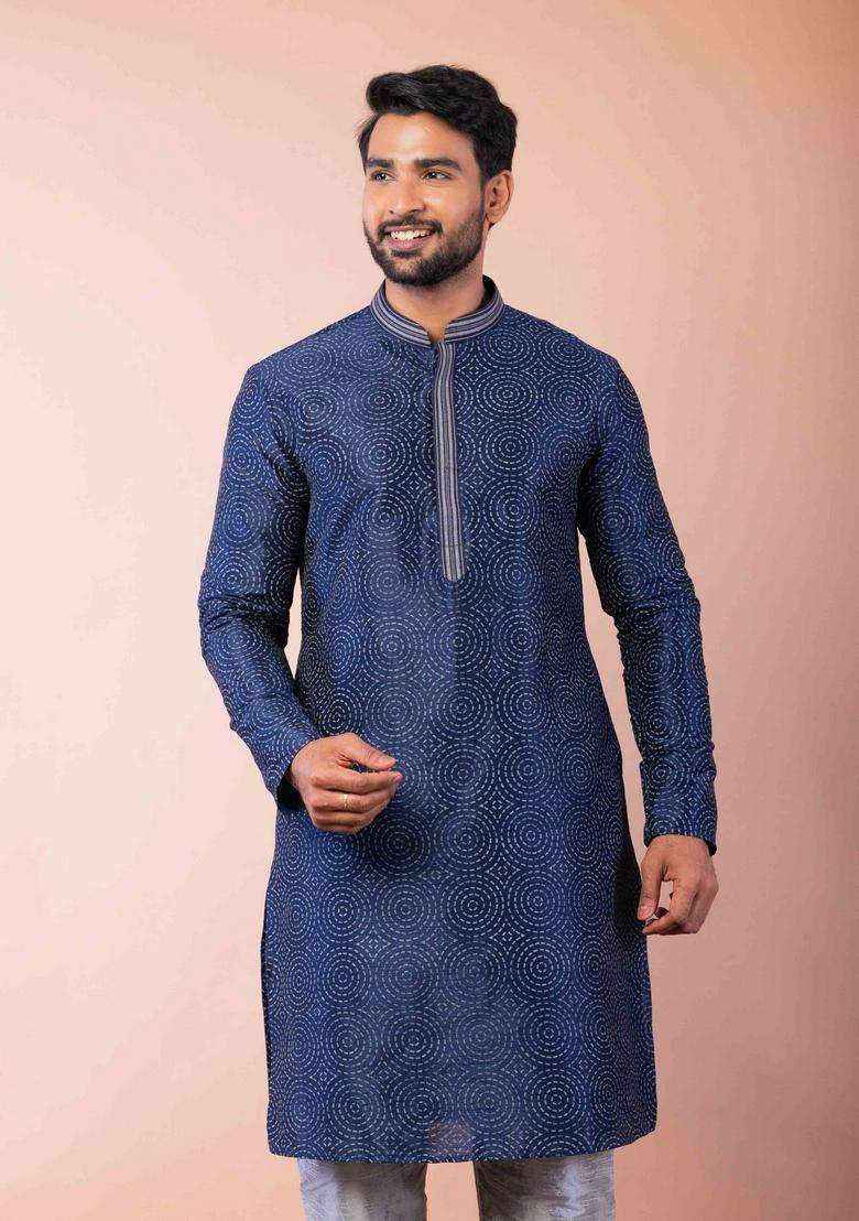 Navy Blue Embroidery Silk Kurta For Men - Indya