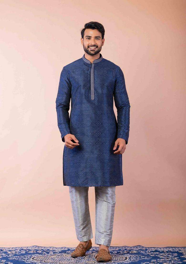 Navy Blue Embroidery Silk Kurta For Men - Indya