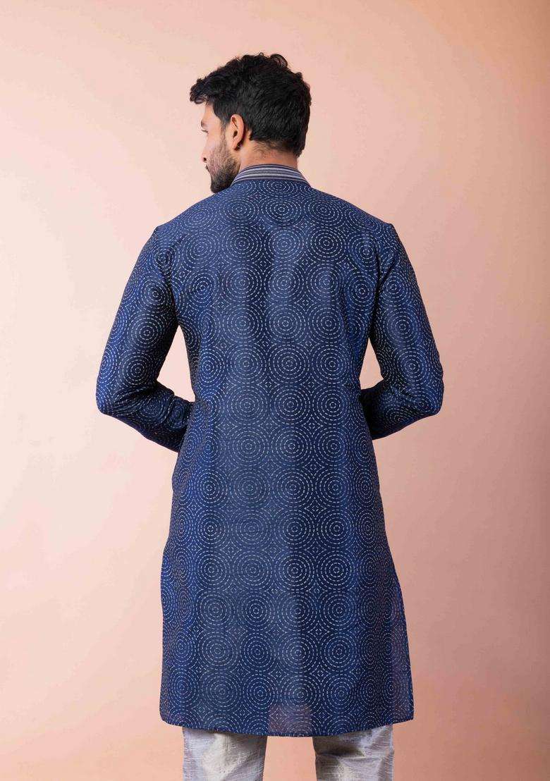 Navy Blue Embroidery Silk Kurta For Men - Indya