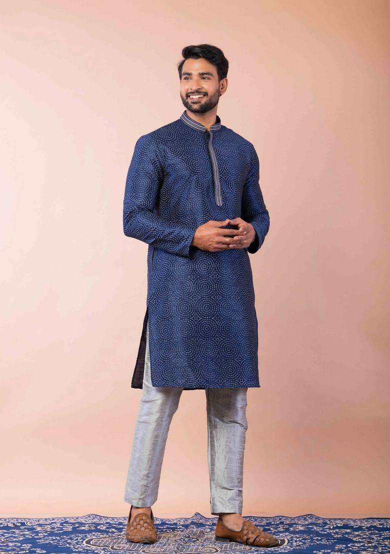 Navy Blue Embroidery Silk Kurta For Men - Indya