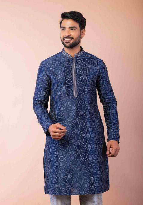 Navy Blue Embroidery Silk Kurta For Men