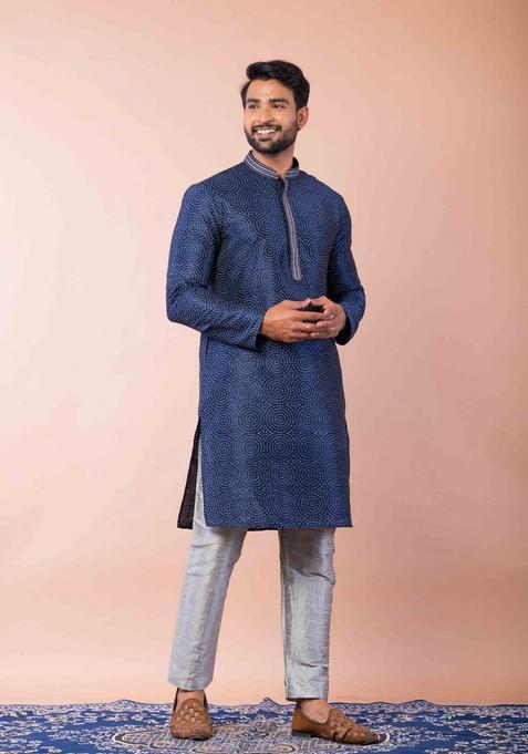 Navy Blue Embroidery Silk Kurta Set For Men