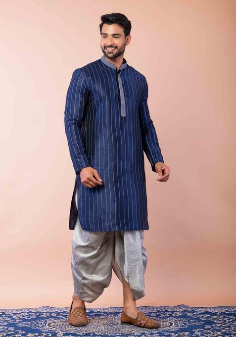 Navy Blue Embroidery Silk Kurta Set For Men