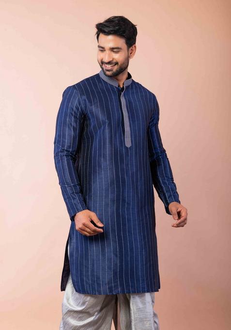 Navy Blue Embroidery Silk Dhoti Set For Men